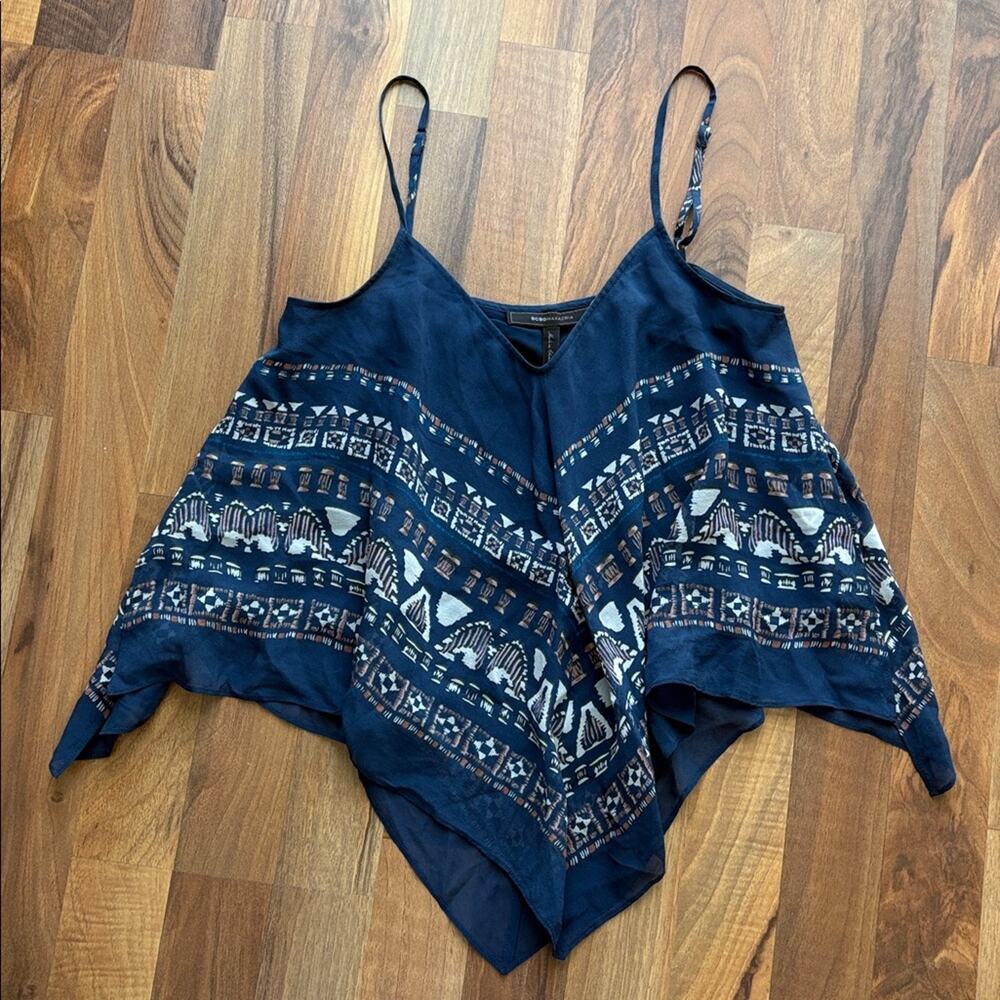 BCBGMaxAzria Woman’s Size XS Navy Printed Handkerchief-Hem Cami